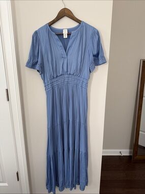 Joie Sky Blue Pleated Maxi Dress with Eyelet Sleeves